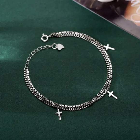 925 Sterling Silver Dainty Minimalist Cross Bracelet Layered Box Chain Bracelet - Picture 5 of 5